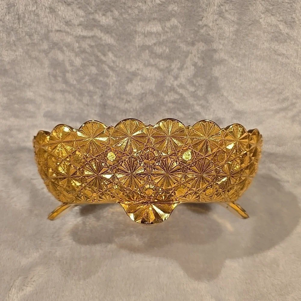 Vintage L.E. Smith Gold Glass Footed Bowl Daisy and Button Scalloped‎ Oval Dish